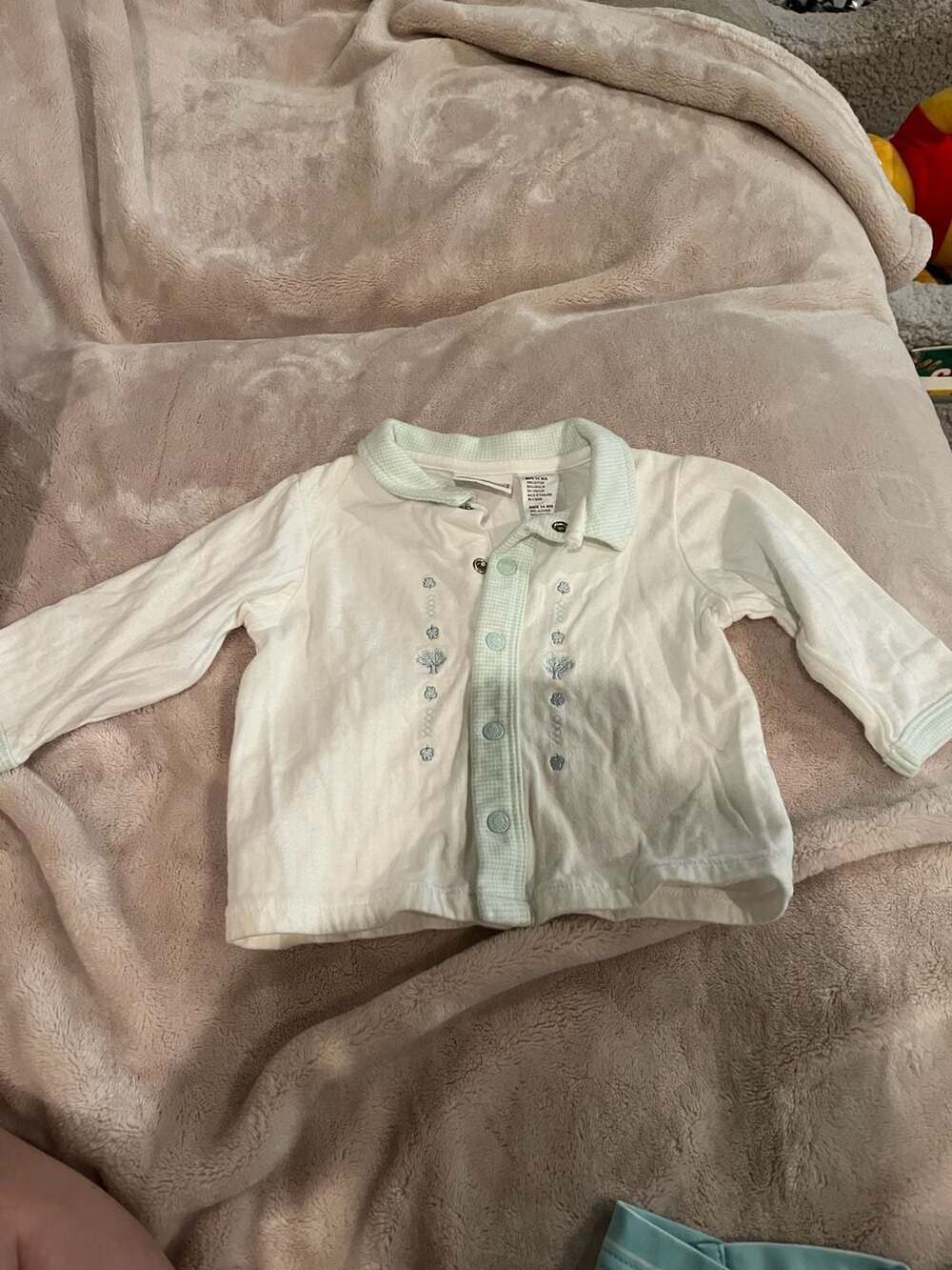 McBaby Boys 3-6 Months White Cardigan Sweater with Green Gingham Trim and Embroi